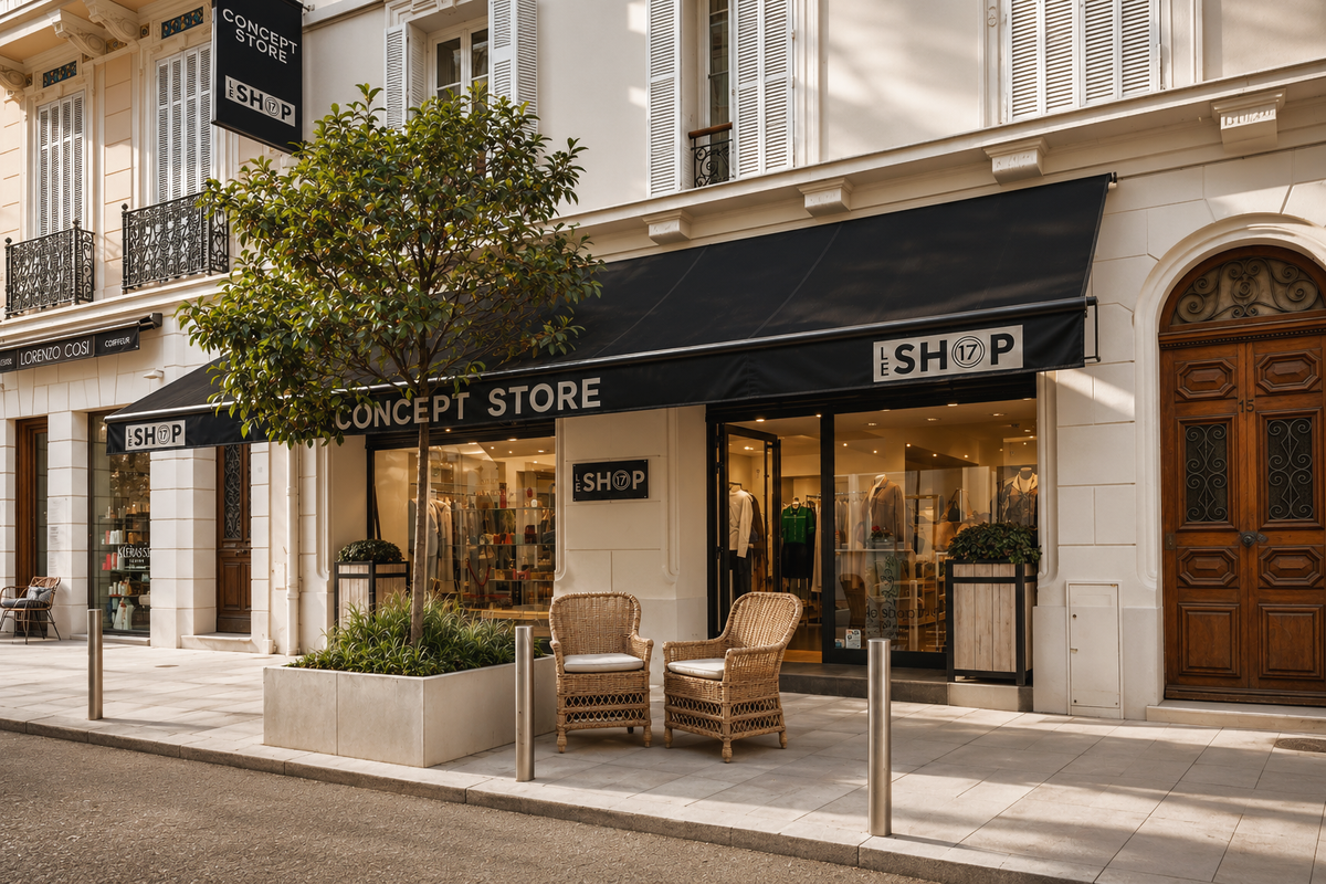 Façade du concept store Le Shop 17 rue Notre-Dame, créateurs et marques de mode à Cannes, Le Shop 17 Cannes