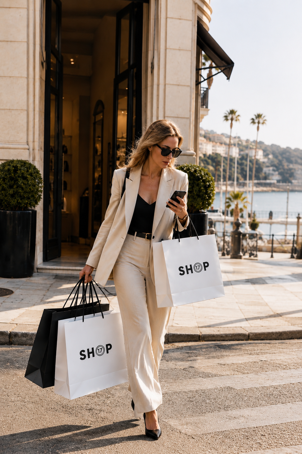 Femme en tailleur beige sortant d'une boutique de Cannes avec des sacs Le Shop 17