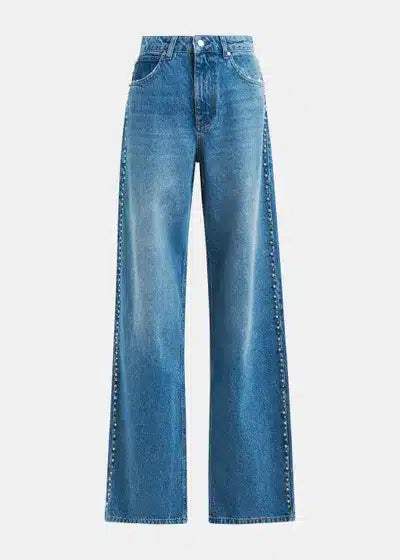 Jean droit bleu avec perles et clous décoratifs
