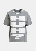 T-shirt en coton gris et blanc avec imprimé « HUH » avec perles