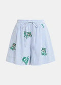 Mini short blanc cassé à fines rayures bleu clair et broderies