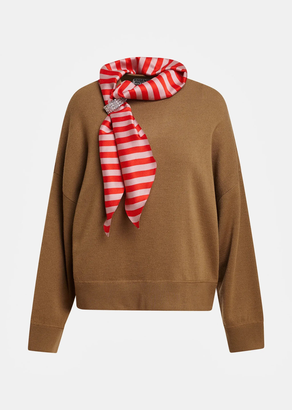 Pull  KURTIS en laine mélangée camel avec foulard à rayures rouge et rose clair