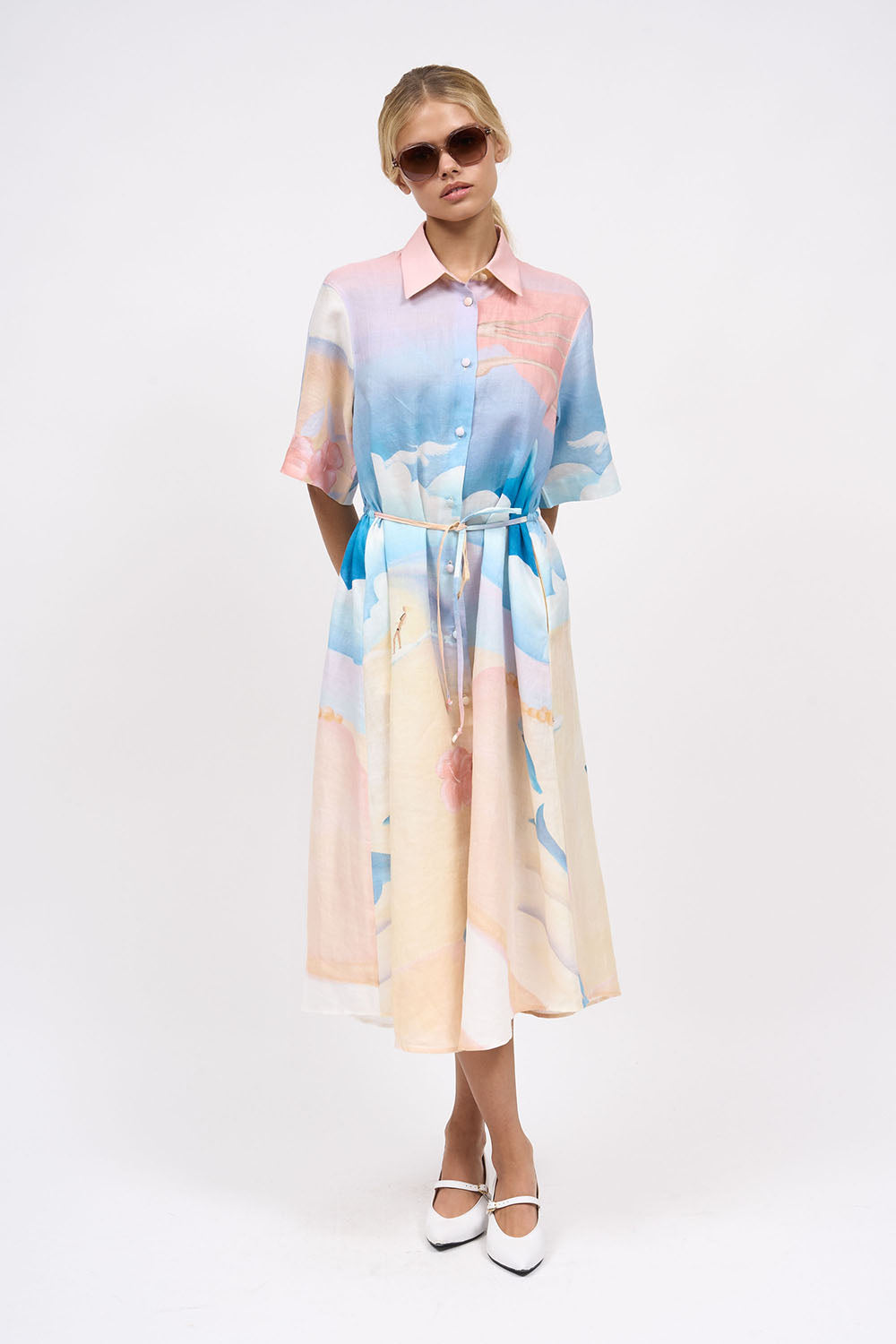 Robe chemisier ample imprimée en ramie