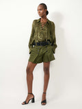 SHORT EN SATIN DE VISCOSE ET LIN KAKI