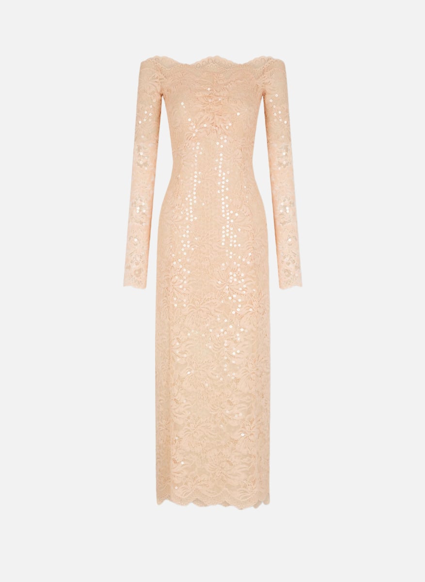 Robe midi en dentelle brodée rose Rabanne