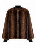 Blouson bomber en fausse fourrure marron