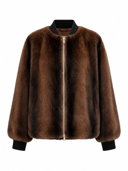 Blouson bomber en fausse fourrure marron