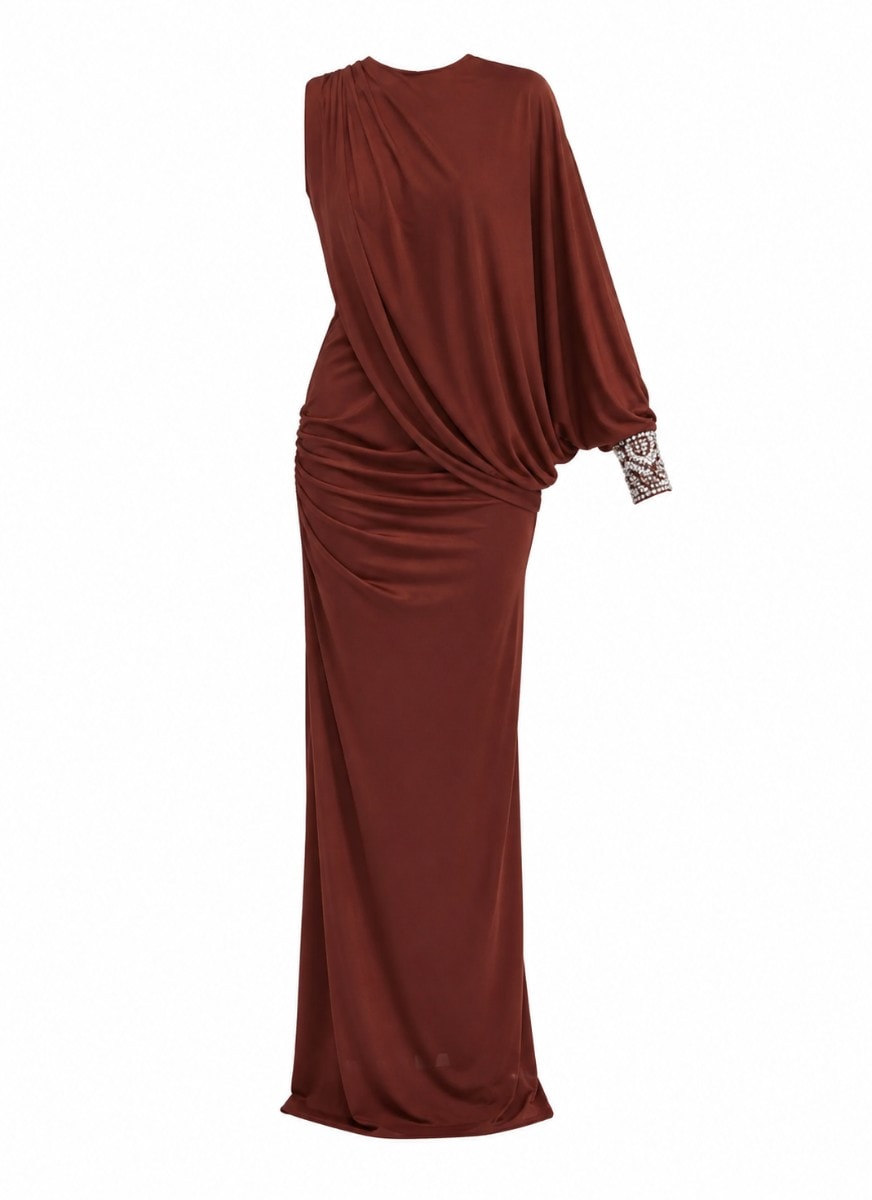 robe longue asymétrique à manches chauve souris en Jersey cognac drapé , poignée en cristal
