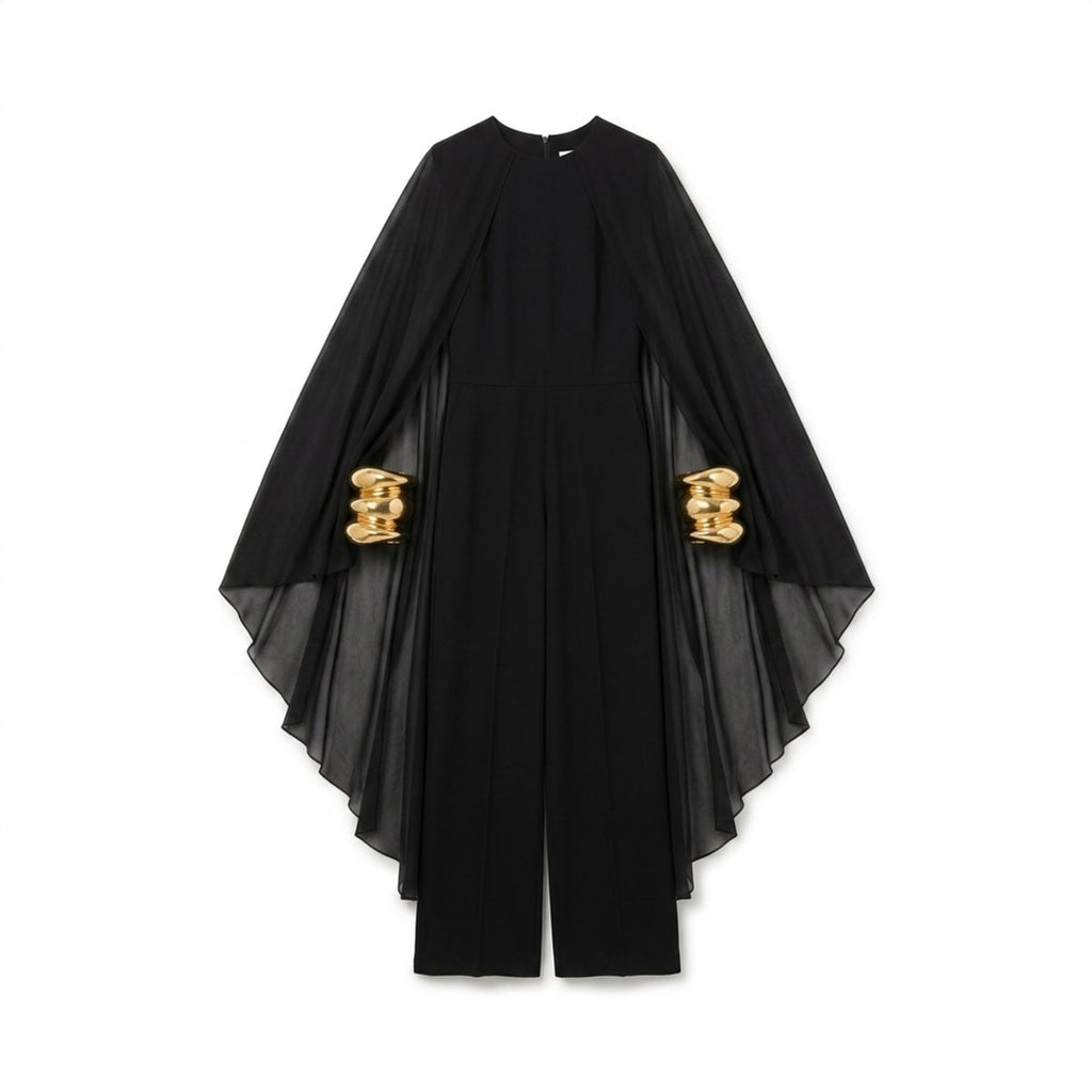 combinaison pantalon large Paris le soir en crèpe satin  et pans-capes en crèpe de Georgette ( manchettes gold à rajouter en parallèle)