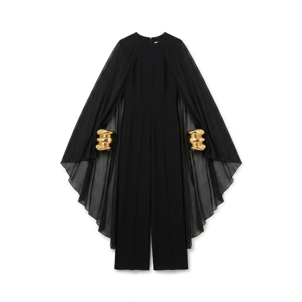 combinaison pantalon large Paris le soir en crèpe satin  et pans-capes en crèpe de Georgette ( manchettes gold à rajouter en parallèle)