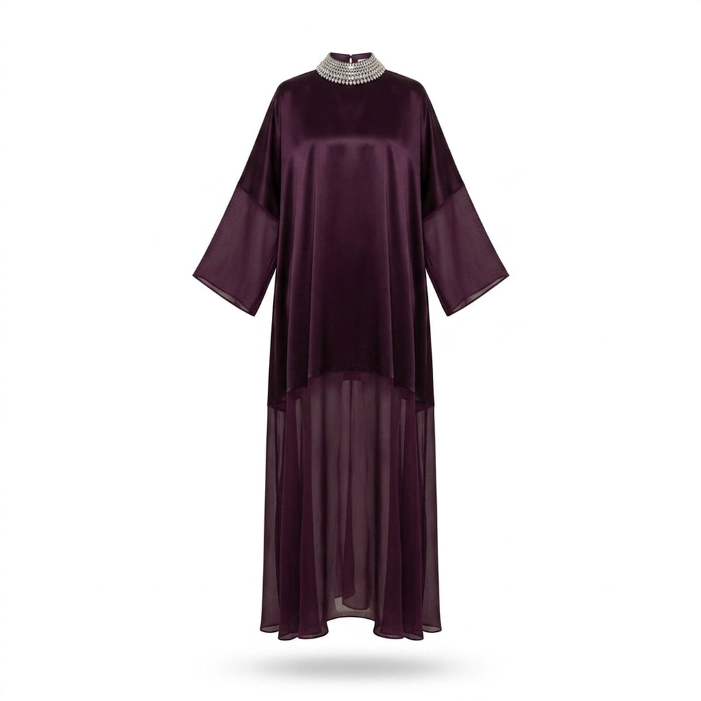 Longue Robe paris sauvage « carrée » en crêpe de satin et crêpe Georgette encolure de cristal