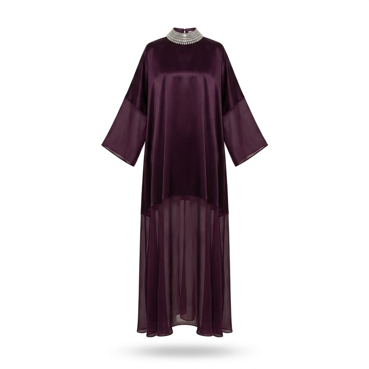 Longue Robe paris sauvage « carrée » en crêpe de satin et crêpe Georgette encolure de cristal