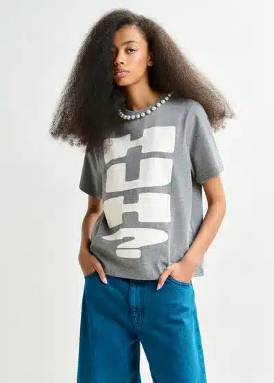 T-shirt en coton gris et blanc avec imprimé « HUH » avec perles