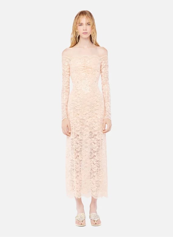 Robe midi en dentelle brodée rose Rabanne