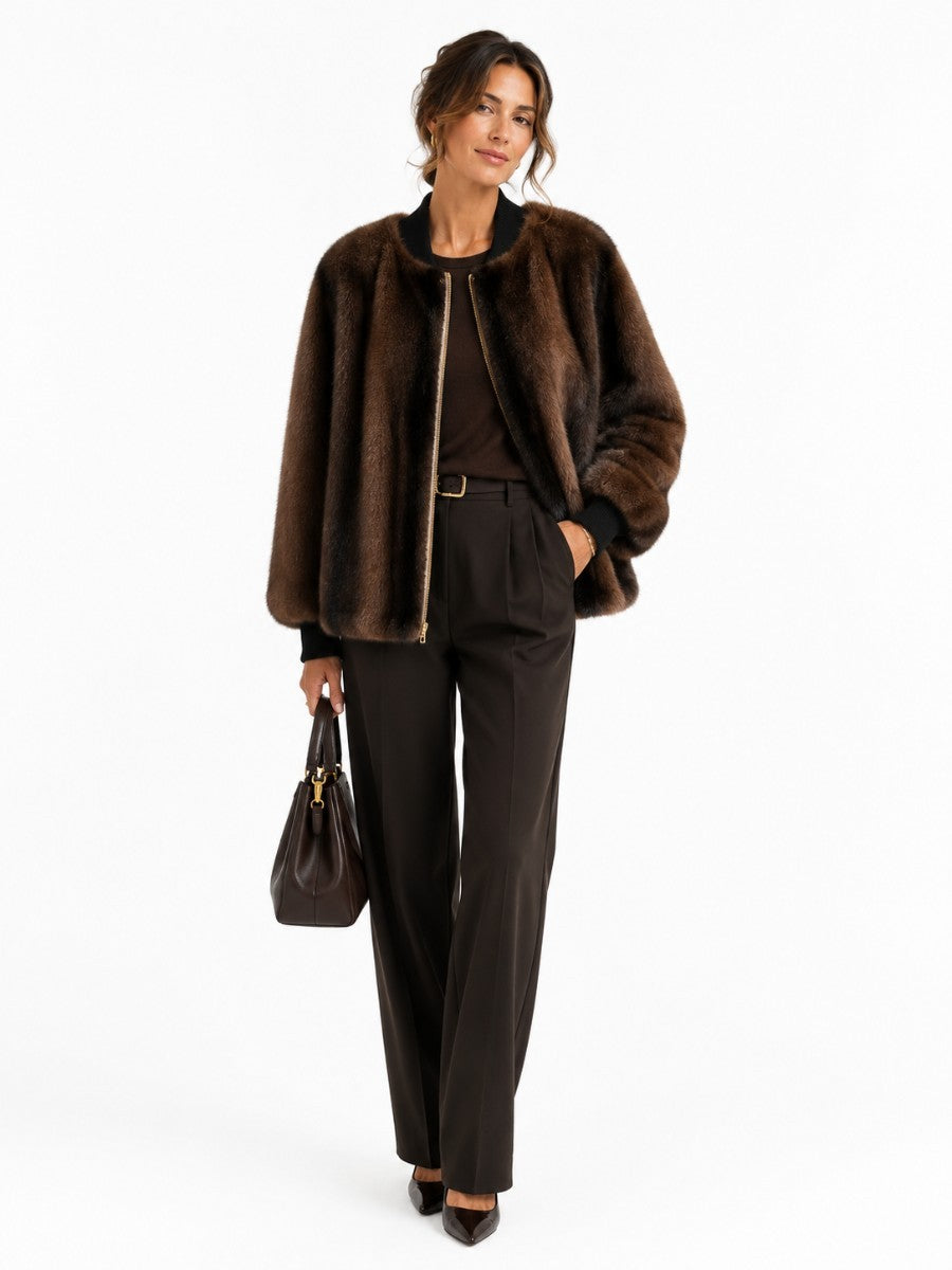Blouson bomber en fausse fourrure marron
