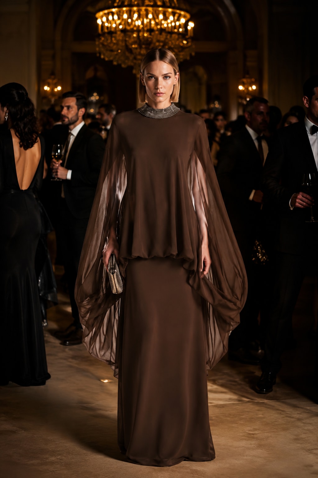 Robe Night Fall blouson à col brodé de cristal Night  couleur Ébène
