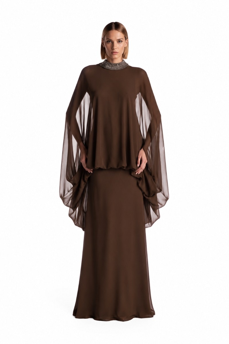 Robe Night Fall blouson à col brodé de cristal Night  couleur Ébène