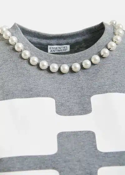 T-shirt en coton gris et blanc avec imprimé « HUH » avec perles