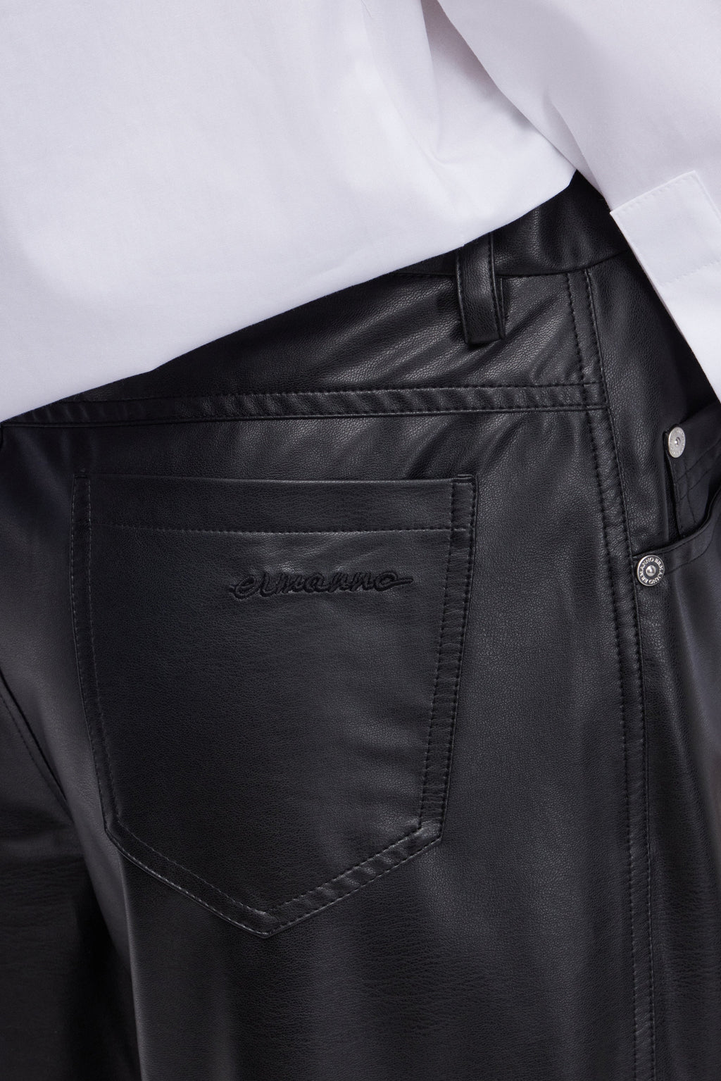 FLARED FAUX-LEATHER TROUSERS WITH BRODERIE ANGLAISE