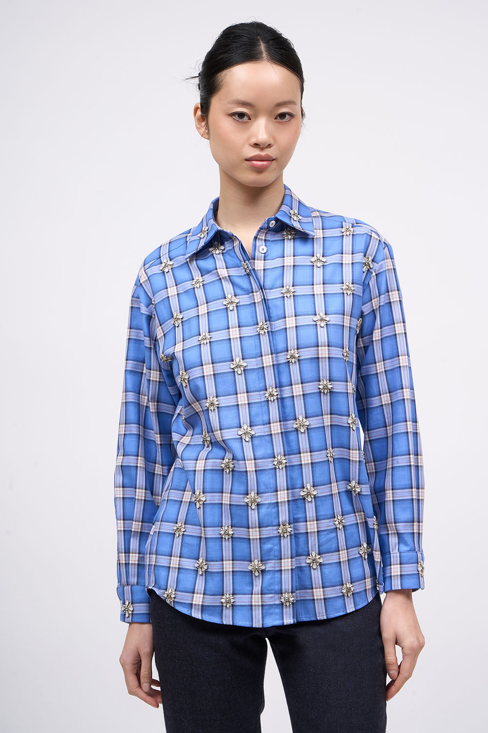 Chemise Carat   en popeline à carreaux brodée à la main