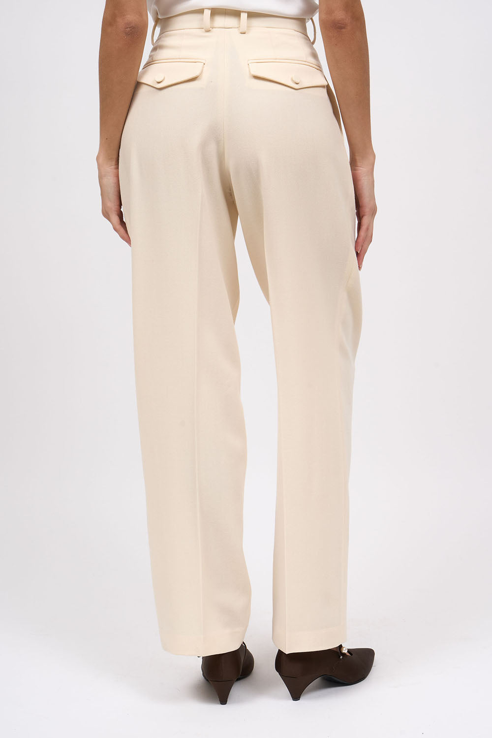 Pantalon Florin droit à plis en twill de laine couleur crème