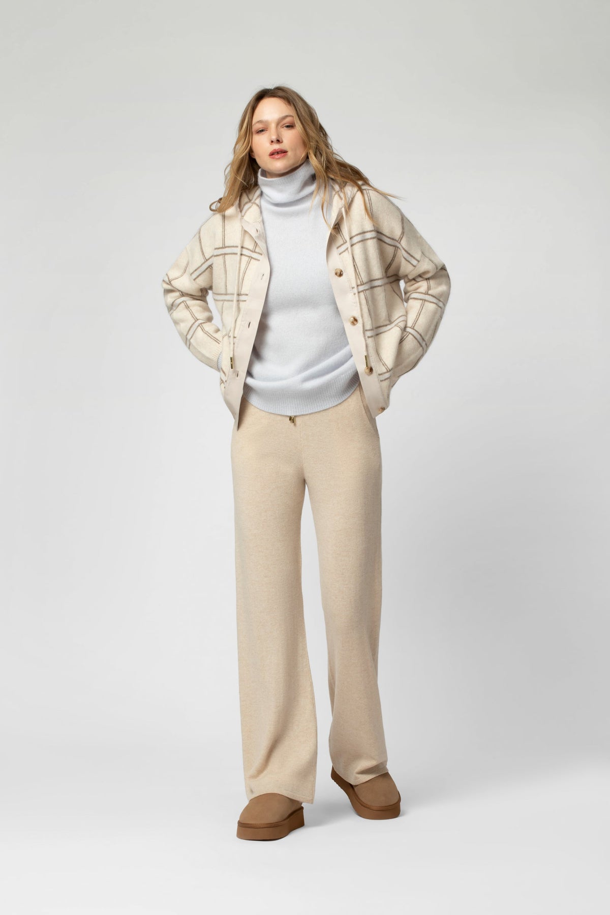 GARISON checkered knit cardigan in beige, taupe and sky, loose fit, buttoned, hooded