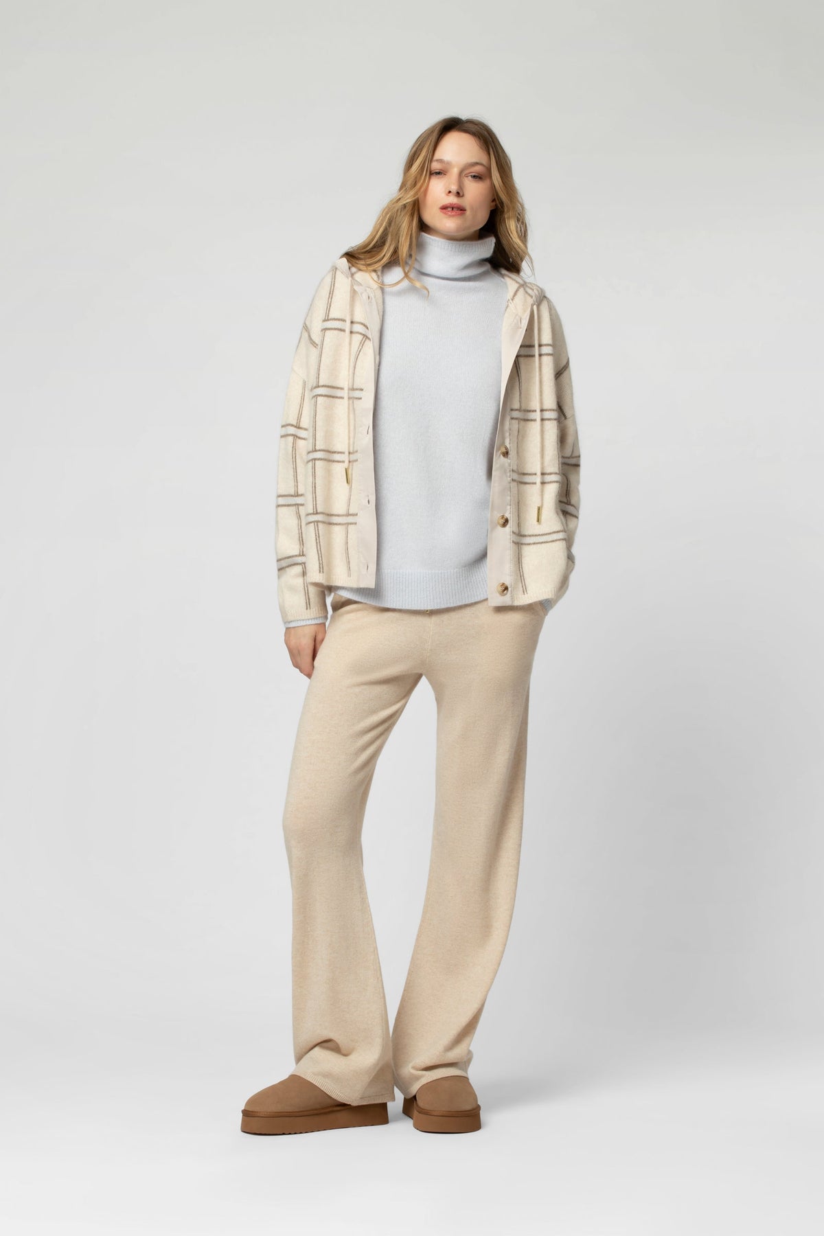 GARISON checkered knit cardigan in beige, taupe and sky, loose fit, buttoned, hooded