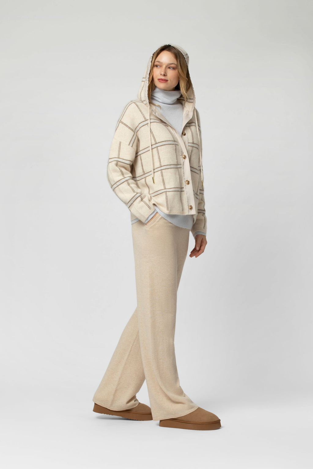 GARISON checkered knit cardigan in beige, taupe and sky, loose fit, buttoned, hooded