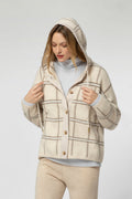 GARISON checkered knit cardigan in beige, taupe and sky, loose fit, buttoned, hooded