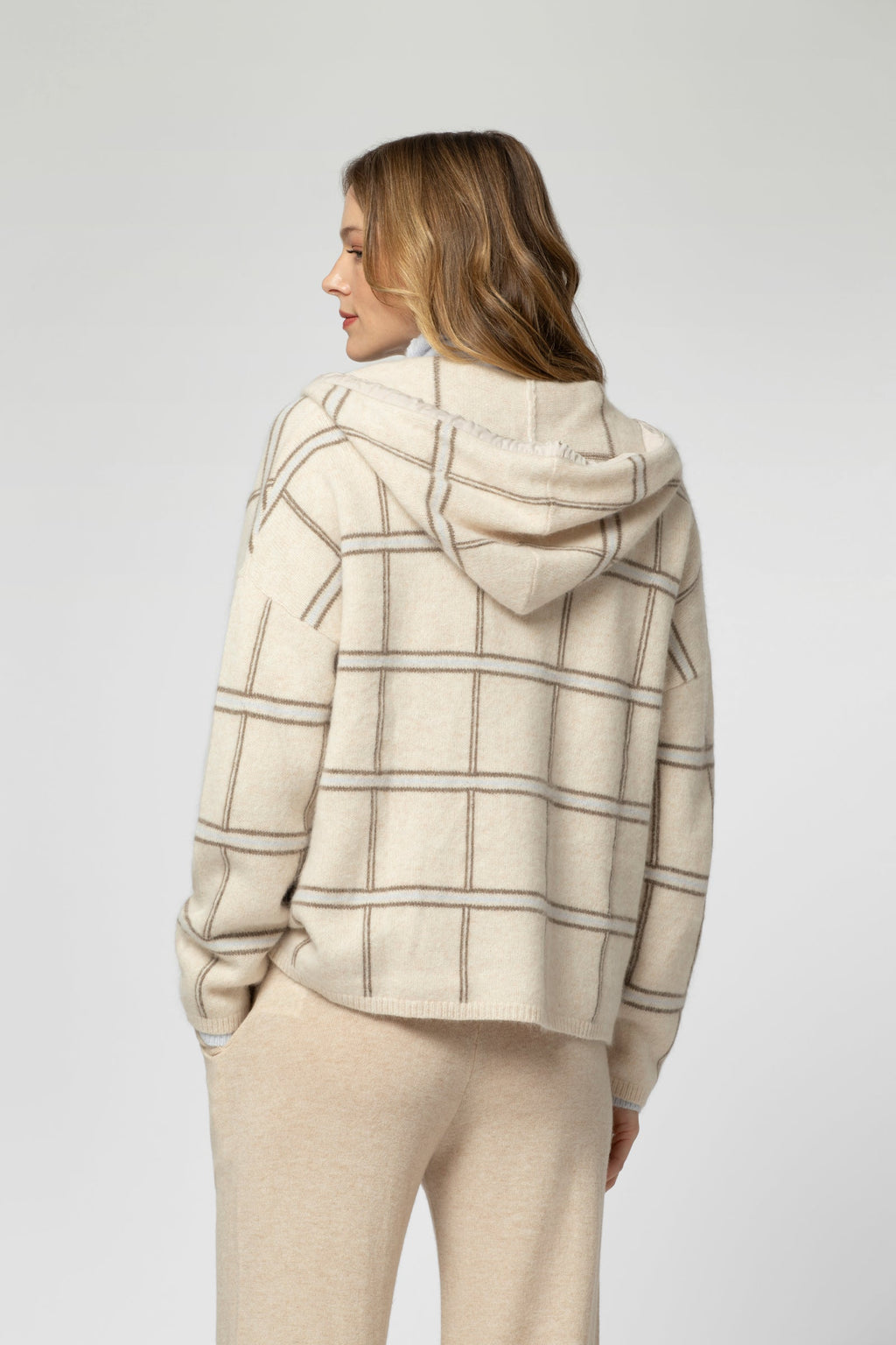 GARISON checkered knit cardigan in beige, taupe and sky, loose fit, buttoned, hooded