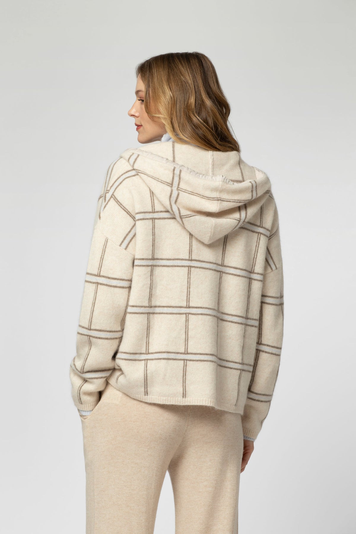 GARISON checkered knit cardigan in beige, taupe and sky, loose fit, buttoned, hooded