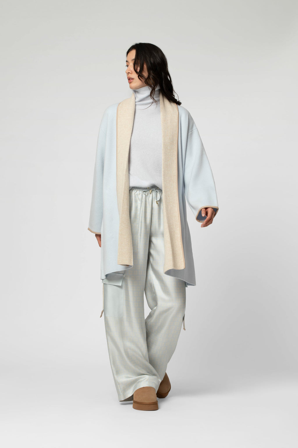 GAX cardigan in sky and beige knit, Shawl collar straight cut