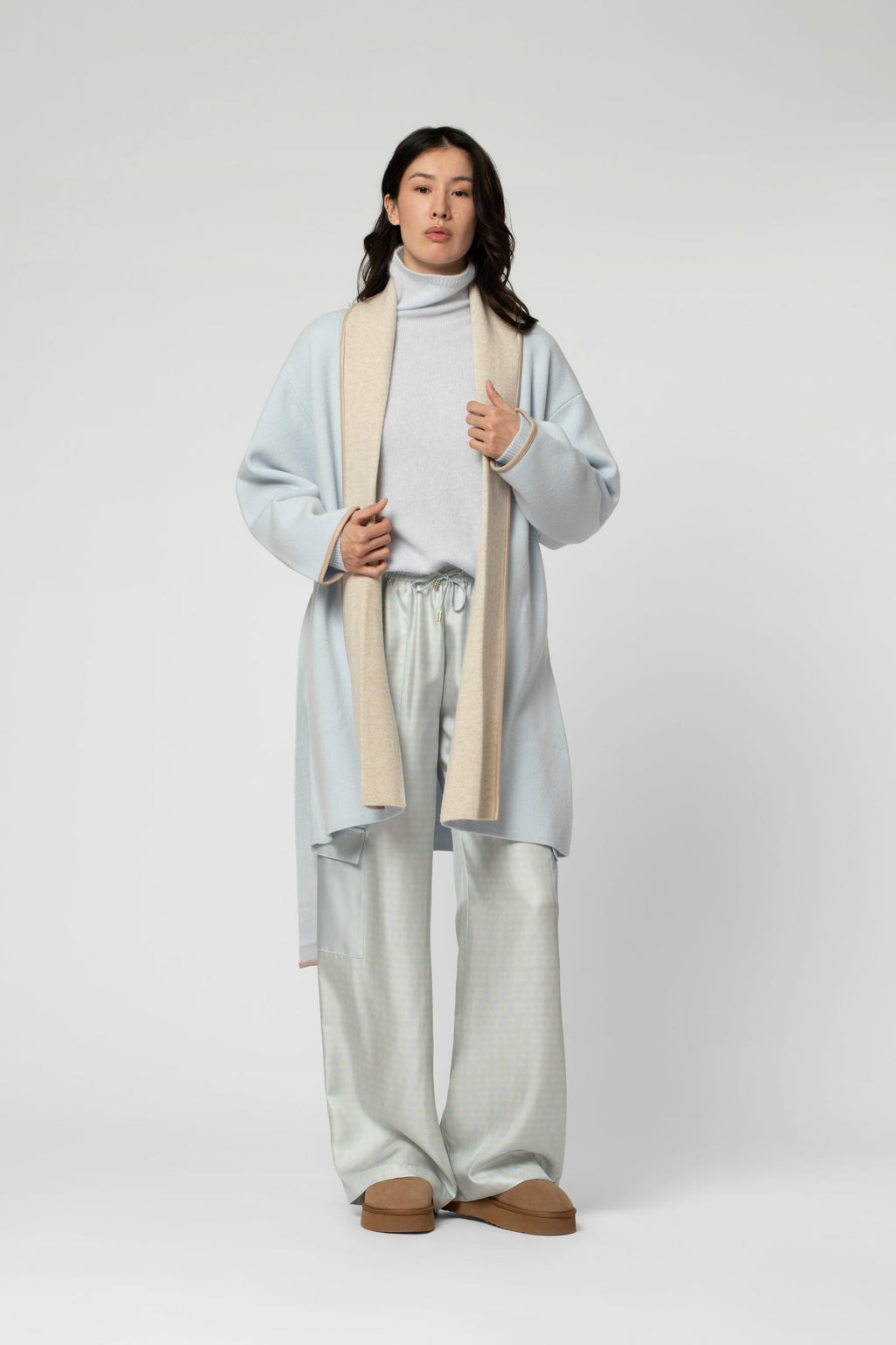 GAX cardigan in sky and beige knit, Shawl collar straight cut