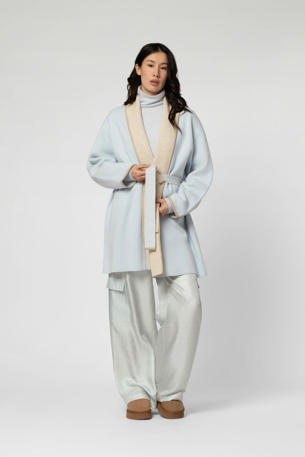 GAX cardigan in sky and beige knit, Shawl collar straight cut