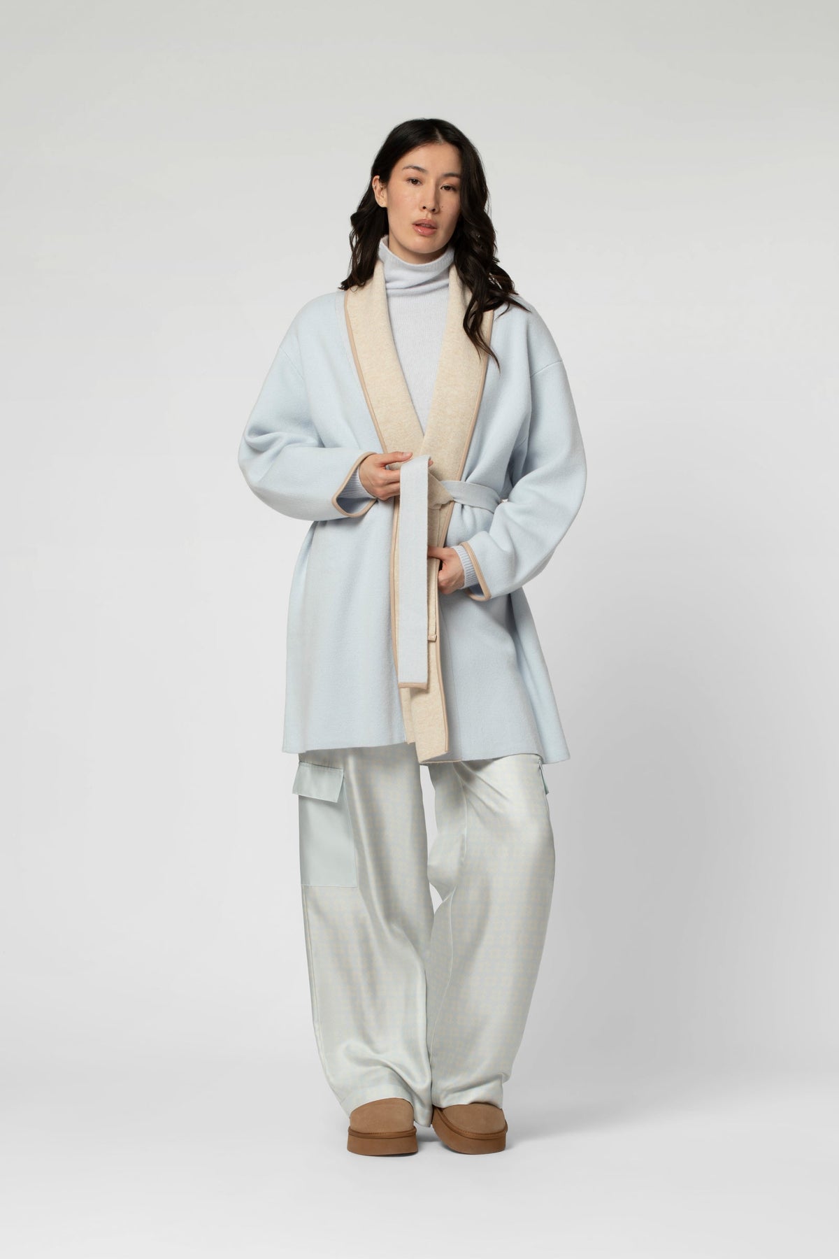 GAX cardigan in sky and beige knit, Shawl collar straight cut