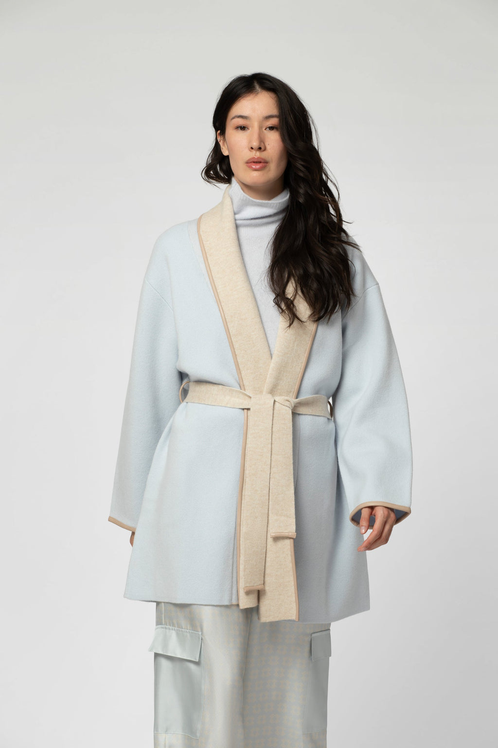 GAX cardigan in sky and beige knit, Shawl collar straight cut