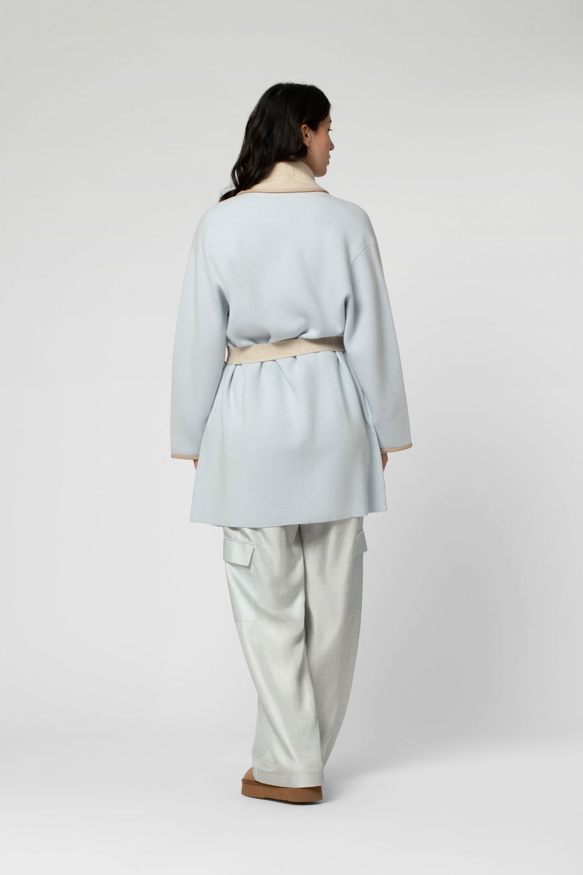 GAX cardigan in sky and beige knit, Shawl collar straight cut