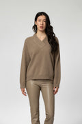 Pull PRALINE manches longues encolure V bi-matière couleur Moka