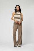 TIFF sleeveless high-neck knit sweater with beige and mocha stripes