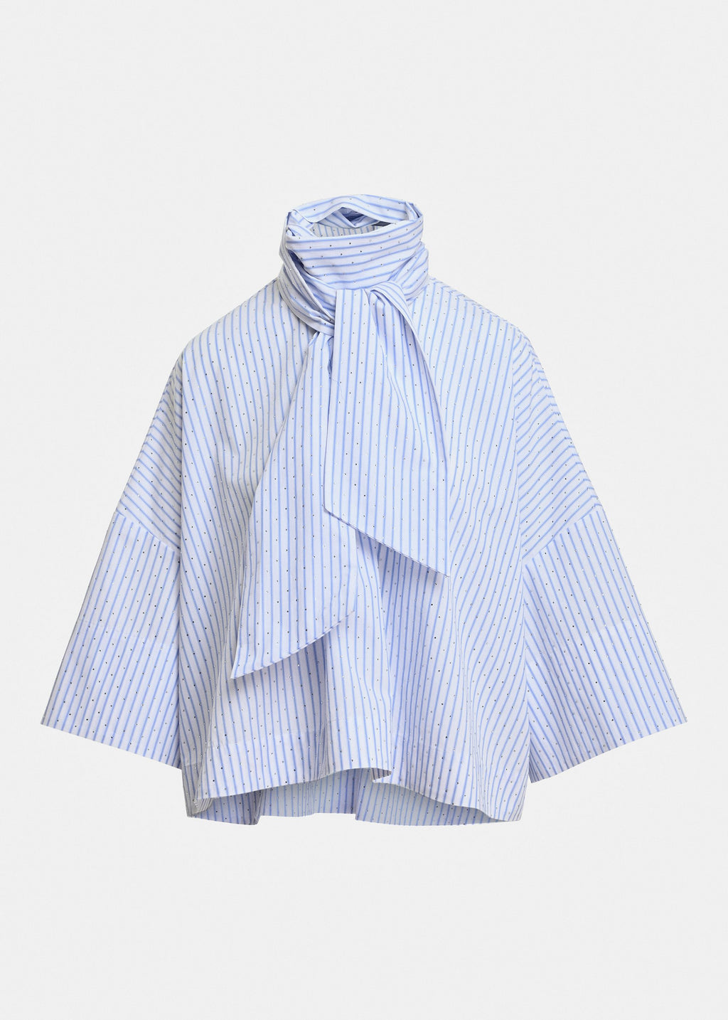 Pussy-bow top with trumpet sleeves and light blue and white stripes