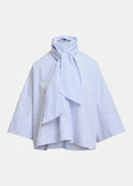 Pussy-bow top with trumpet sleeves and light blue and white stripes