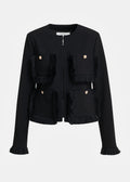 Black fitted jacket with fringed details and patch pockets