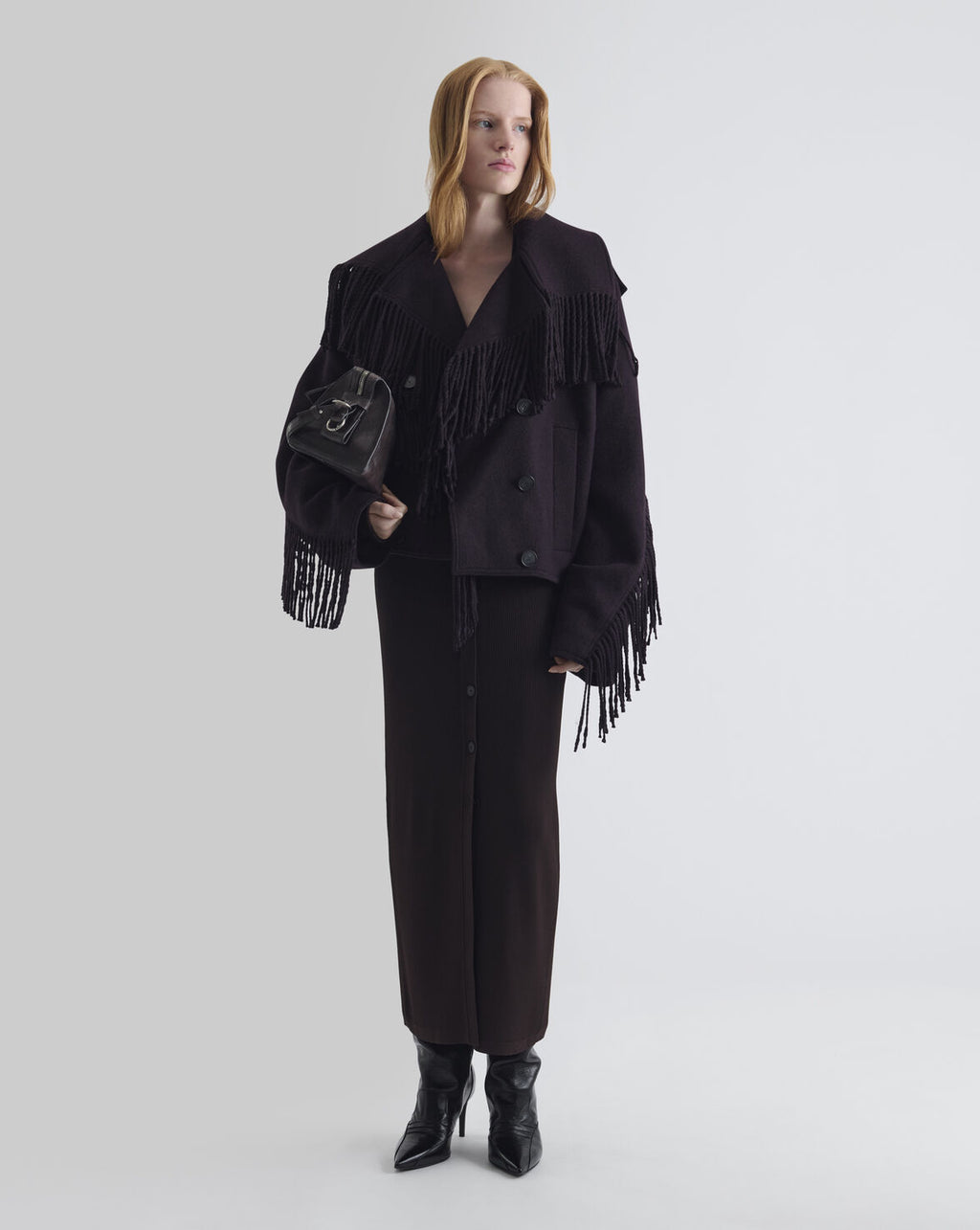 SHORT PEA COAT WITH FRINGES OXBLOOD