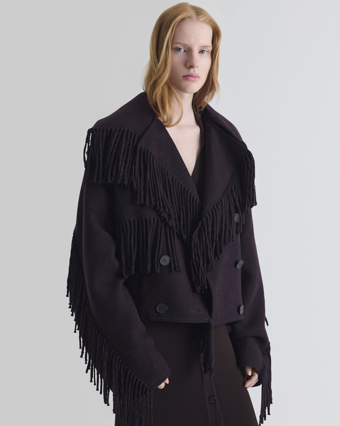 SHORT PEA COAT WITH FRINGES OXBLOOD