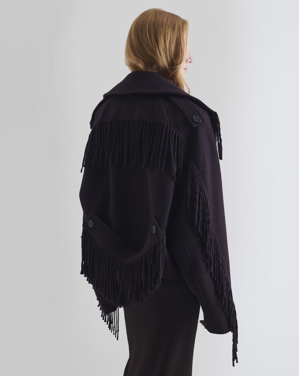 SHORT PEA COAT WITH FRINGES OXBLOOD