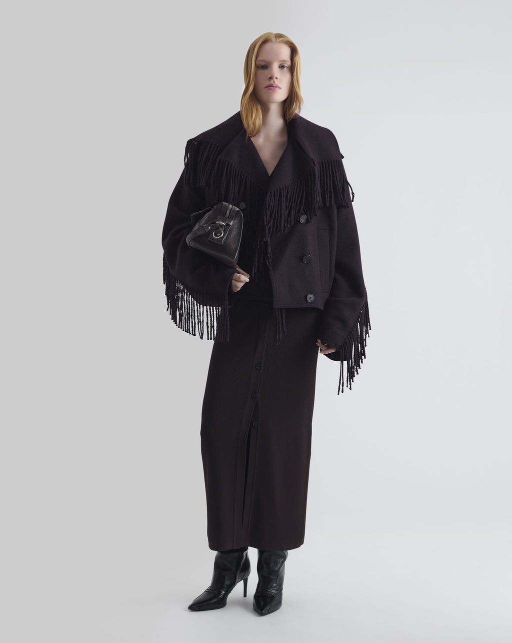 SHORT PEA COAT WITH FRINGES OXBLOOD