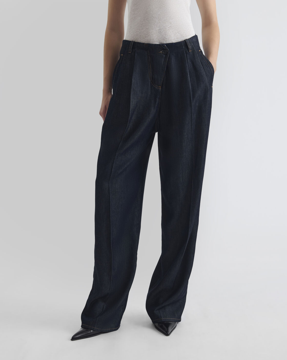 PANTALON LARGE À PLISSATIN DENIM
