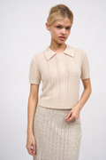Pull  Mario col Polo ajouré manches  courtes en cachemire mélangé couleur écru