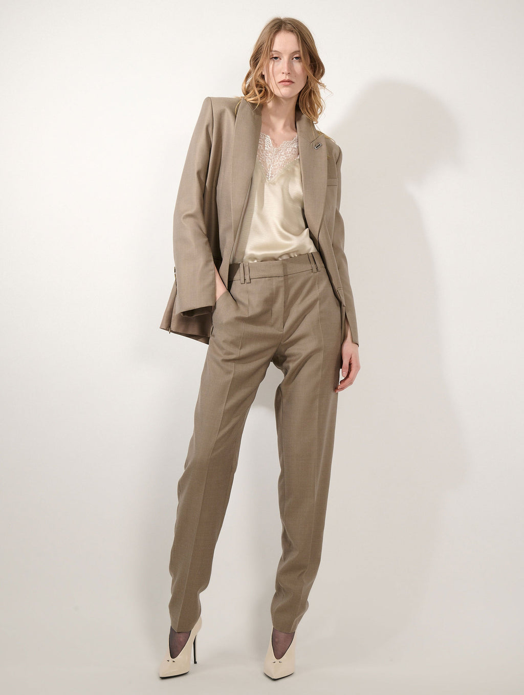 Grace pants in greige wool and silk twill