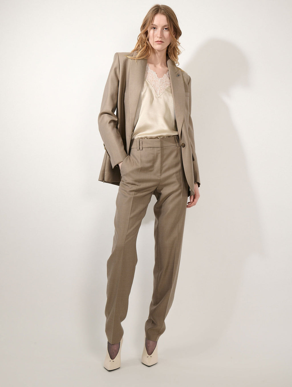Grace pants in greige wool and silk twill